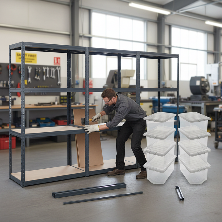 3x Heavy Duty Shelving Unit - 1600mm High - Grey with 8x 60L Plastic Storage Boxes - Front view