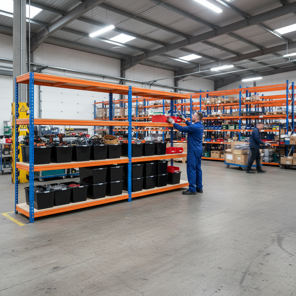 Premium Heavy Duty Shelving - 2000mm High - Blue & Orange with 12x 37L Storage Boxes - Side view