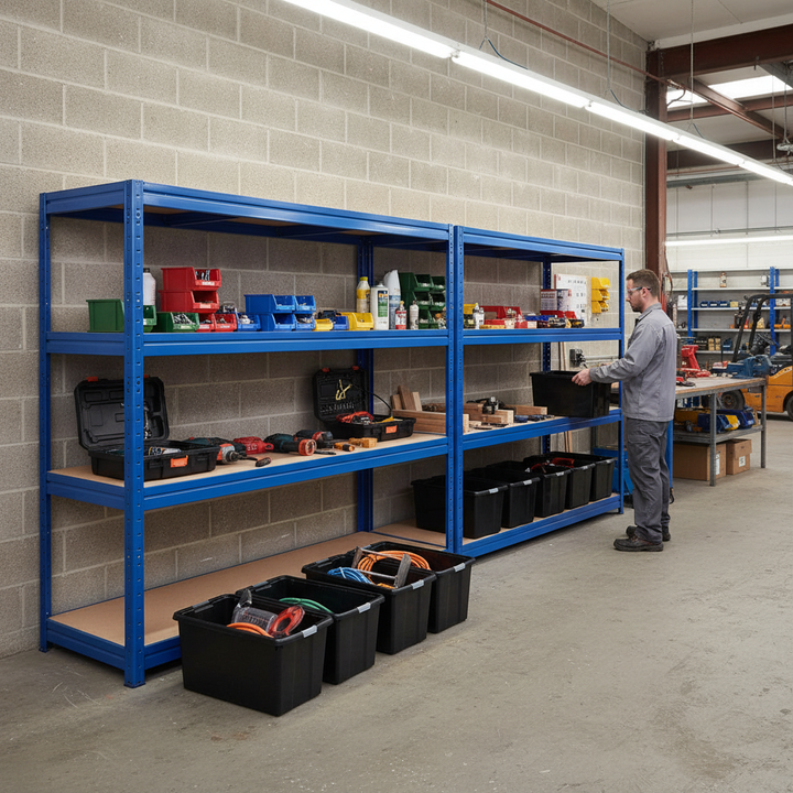 3x Heavy Duty Shelving - 1770mm High - Blue with 8x 62L Plastic Storage Boxes - Side view