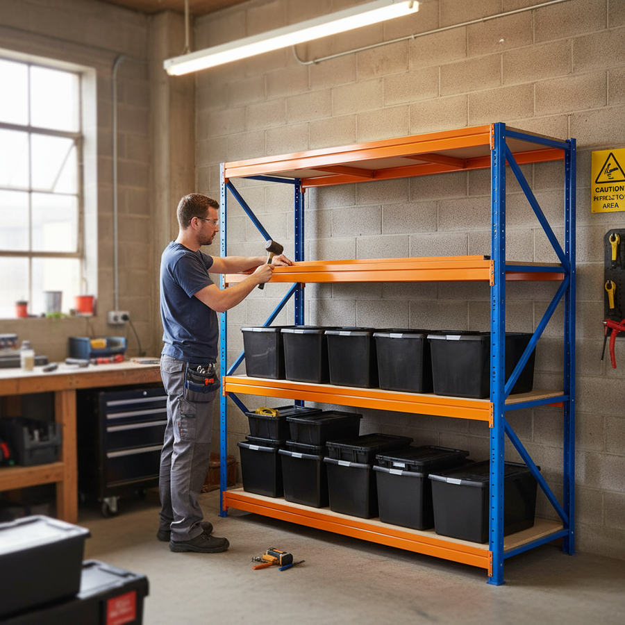 2x Premium Heavy Duty Shelving - 1770mm High - Blue & Orange with 12x 62L Plastic Storage Boxes - Front view