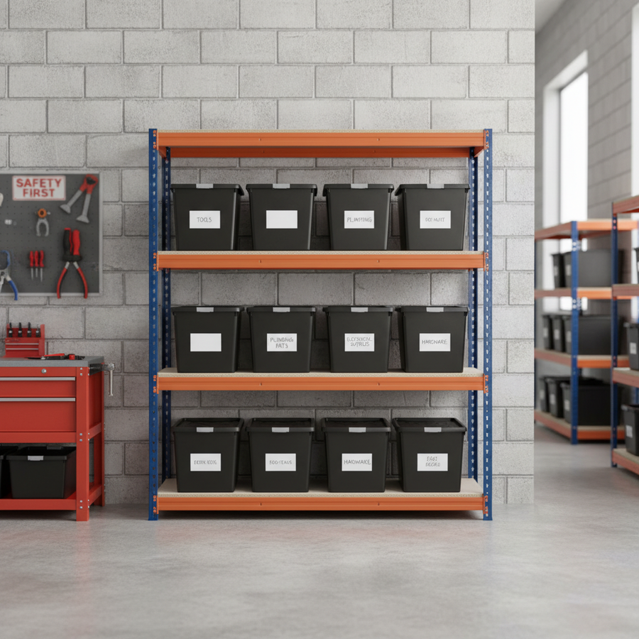 Heavy Duty Shelving Unit with 12x 62L Storage Boxes - 2200mm High - Blue & Orange - Front view