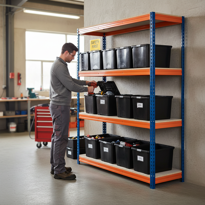 Heavy Duty Shelving with 12x 37L Plastic Storage Boxes - 1600mm High - Front view