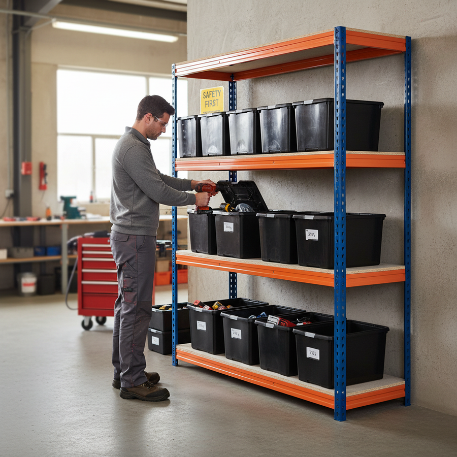 Heavy Duty Shelving with 12x 37L Plastic Storage Boxes - 1600mm High - Front view