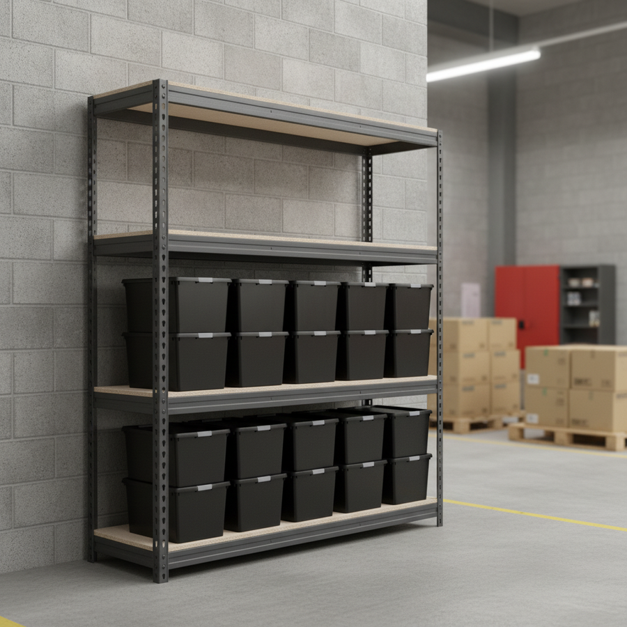 Heavy Duty Shelving - 1600mm High - Grey with 12x 37L Plastic Storage Boxes - Front view