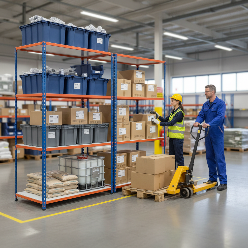 Heavy Duty Industrial Shelving - 3050mm High - 340kg Capacity - Melamine - Blue & Orange - Side view