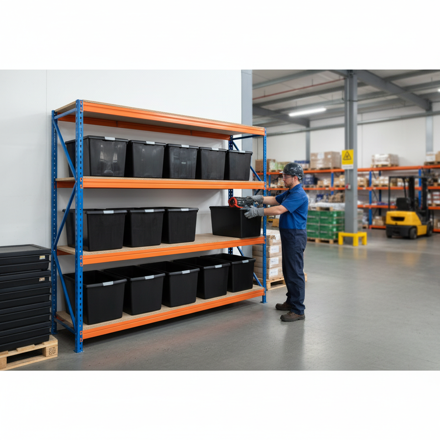 4x Heavy Duty Shelving - 2200mm High - Blue & Orange with 12x 62L Plastic Storage Boxes - Front view
