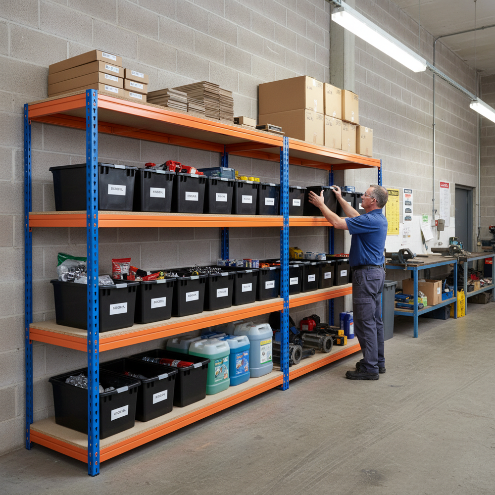 4x Heavy Duty Shelving - 2000mm High - Blue & Orange with 8x 37L Plastic Storage Boxes - Side view