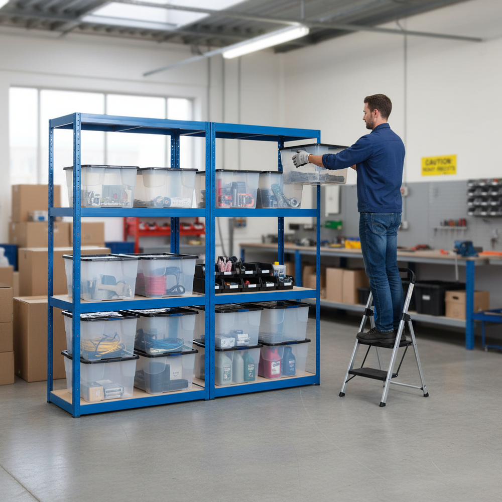 2x Heavy Duty Shelving Units - 1600mm High with 12x 24L Storage Boxes - Side view