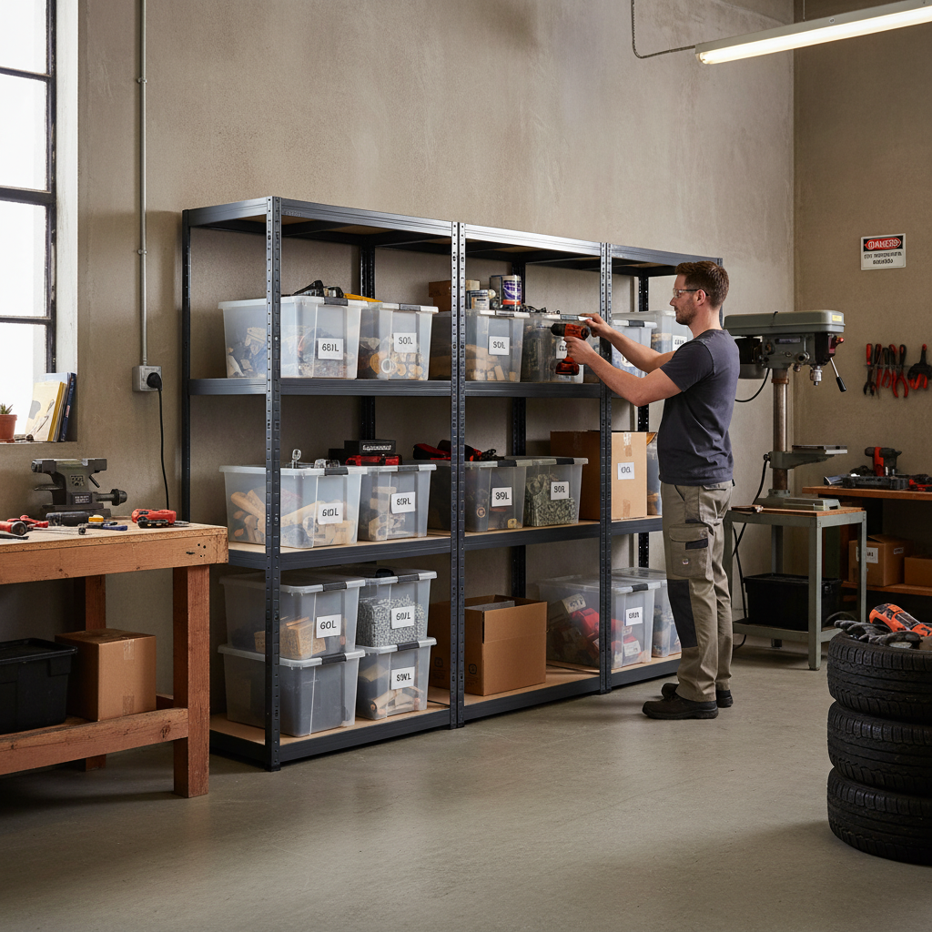 3x Heavy Duty Shelving Unit - 1600mm High - Grey with 8x 60L Plastic Storage Boxes - Side view