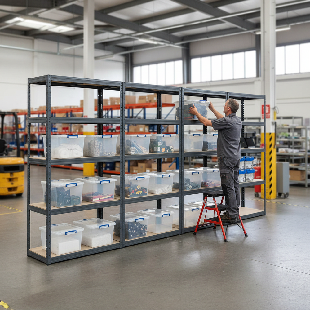 4x Premium Shelving Units - 1800mm High - Grey with 12x 33.5L Storage Boxes - Side view