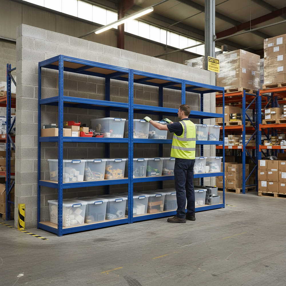 Heavy Duty 3x Shelving Units - 1800mm High - Blue with 8x 33.5L Storage Boxes - Side view