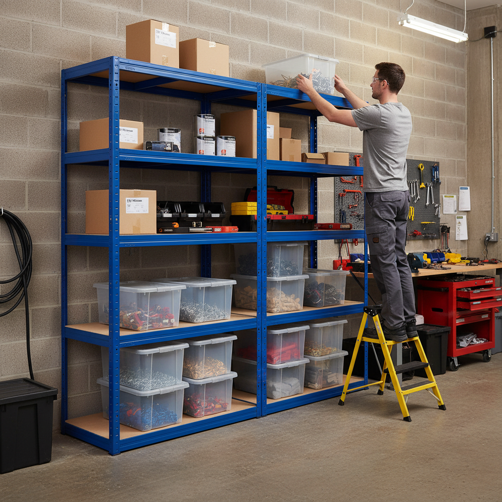 Heavy Duty 2x Shelving Unit - 1800mm High with 8x 60L Plastic Storage Boxes - Side view