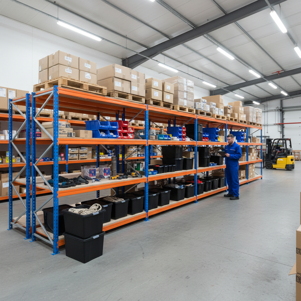 4x Heavy Duty Shelving - 1800mm High - Blue & Orange with 8x 62L Plastic Storage Boxes - Side view