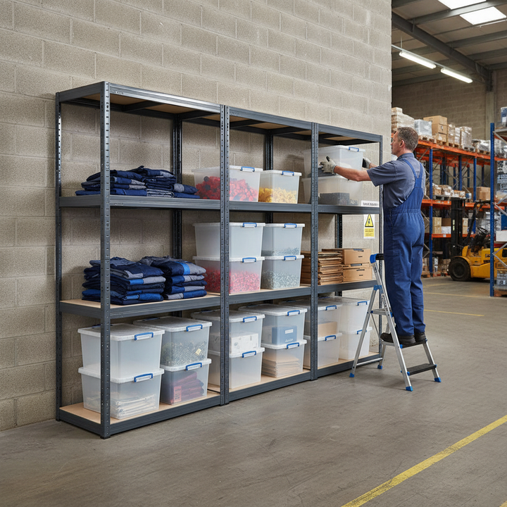 3x Heavy Duty Shelving Units - 1600mm High - Grey with 12x 33.5L Storage Boxes - Side view