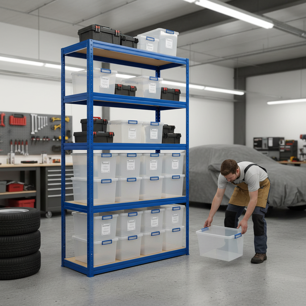 Heavy Duty Shelving Unit - 1800mm High with 12x 33.5L Storage Boxes - Side view