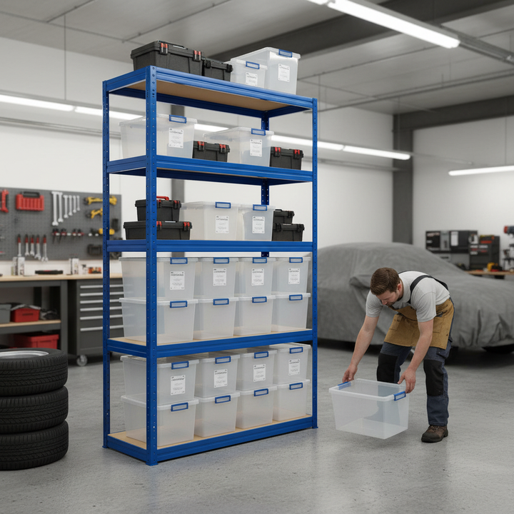 Heavy Duty Shelving Unit - 1800mm High with 12x 33.5L Storage Boxes - Side view