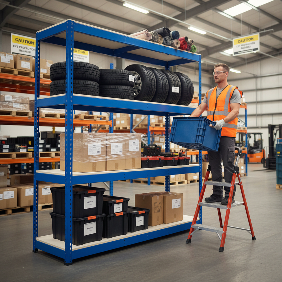 Premium Heavy Duty Industrial Shelving - 2440mm High - 400kg Load - Melamine - Blue - Front view