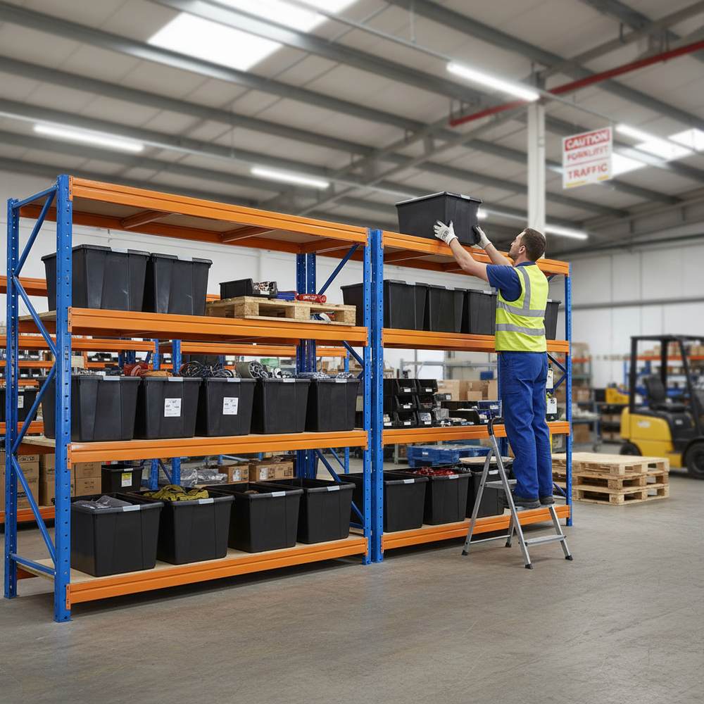 2x Heavy Duty Shelving - 1770mm High - Blue & Orange with 8x 62L Plastic Storage Boxes - Side view