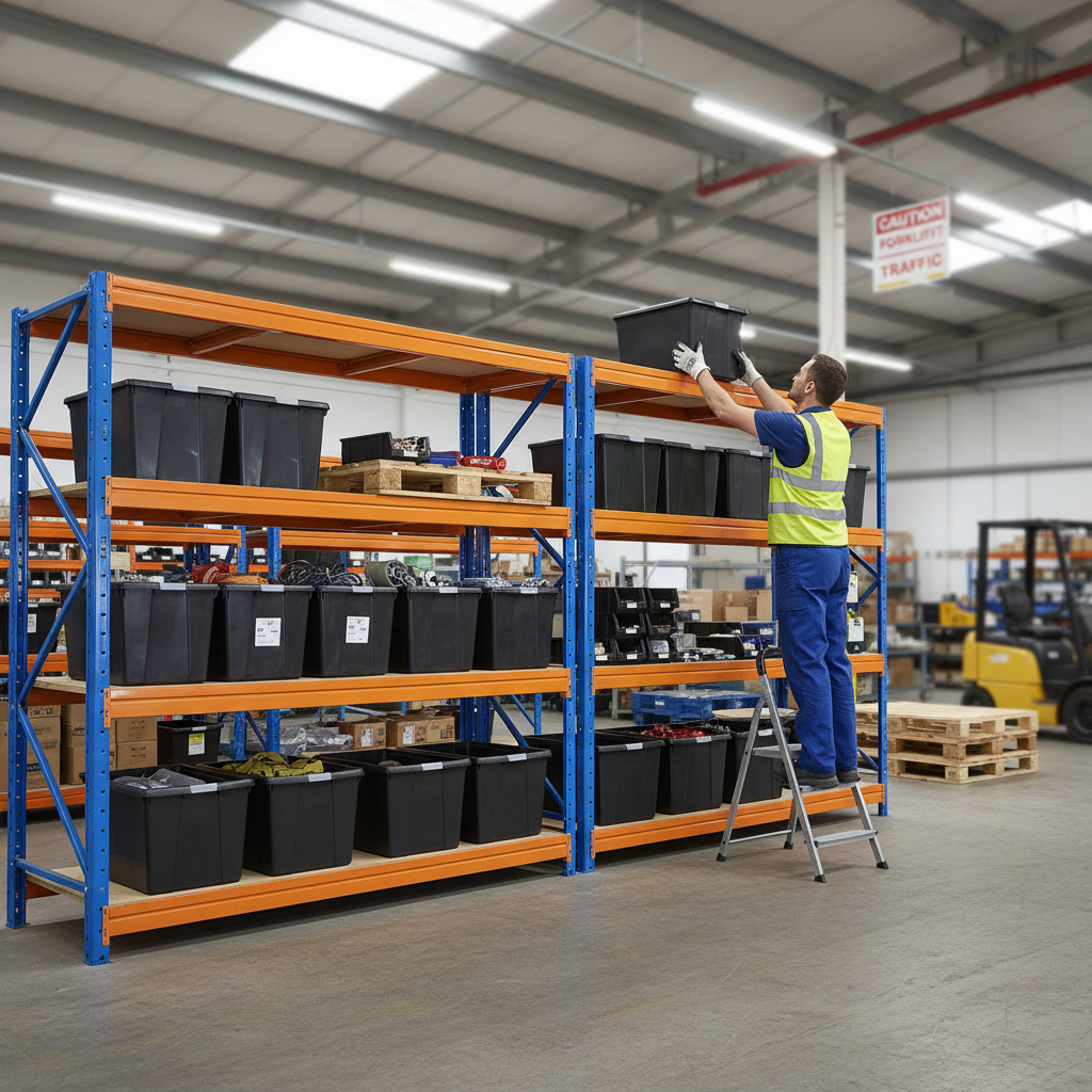 2x Heavy Duty Shelving - 1770mm High - Blue & Orange with 8x 62L Plastic Storage Boxes - Side view