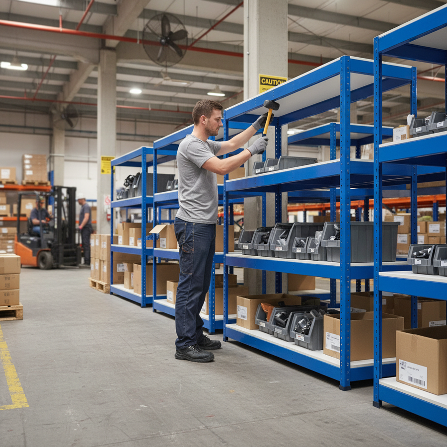 Premium 4x Industrial Shelving - 1677mm High - 400kg Capacity - Melamine - Blue - Front view