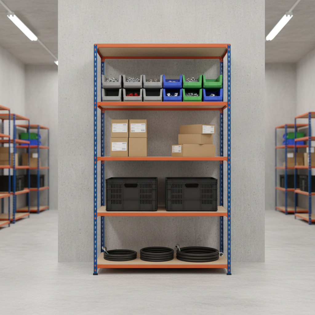 Premium Industrial Shelving - 2440mm High - 200kg Capacity - Chipboard - Blue & Orange - Front view