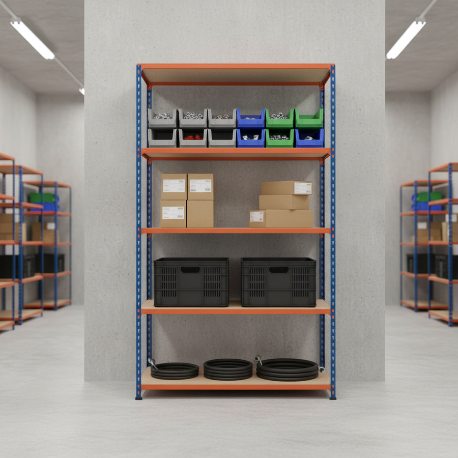 Premium Industrial Shelving - 2440mm High - 200kg Capacity - Chipboard - Blue & Orange - Front view