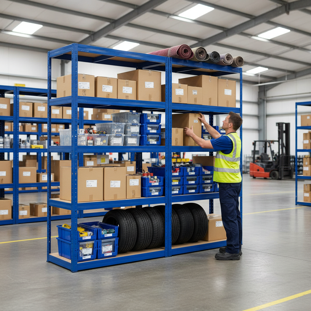 Premium Industrial Shelving Units - 2130mm High - 200/280kg Capacity - Blue Finish - Side view