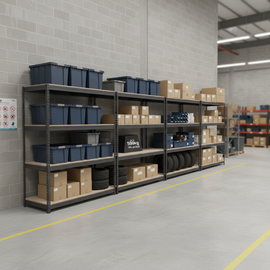 4x Heavy Duty Industrial Shelving - 2000mm High - 500kg Capacity - Grey - Front view