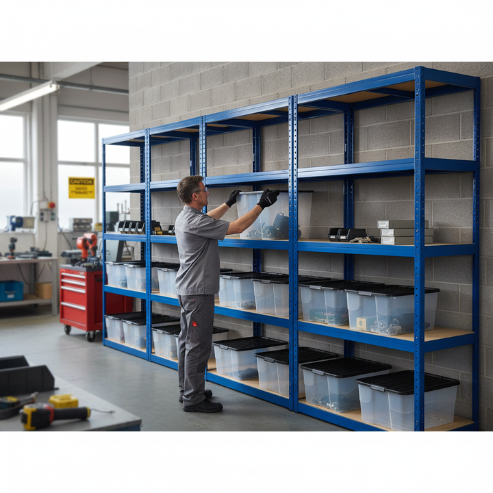Heavy Duty 3x Shelving Units - 1800mm High with 8x 24L Plastic Storage Boxes - Front view