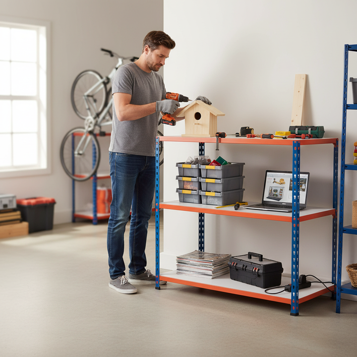 Premium 990mm High Workbench - 200kg Capacity - Melamine - Blue/Orange - Side view