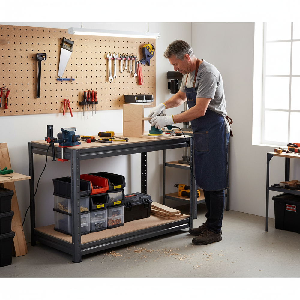 Premium Heavy Duty Workbench - 870mm High - 600kg Capacity - Grey - Side view