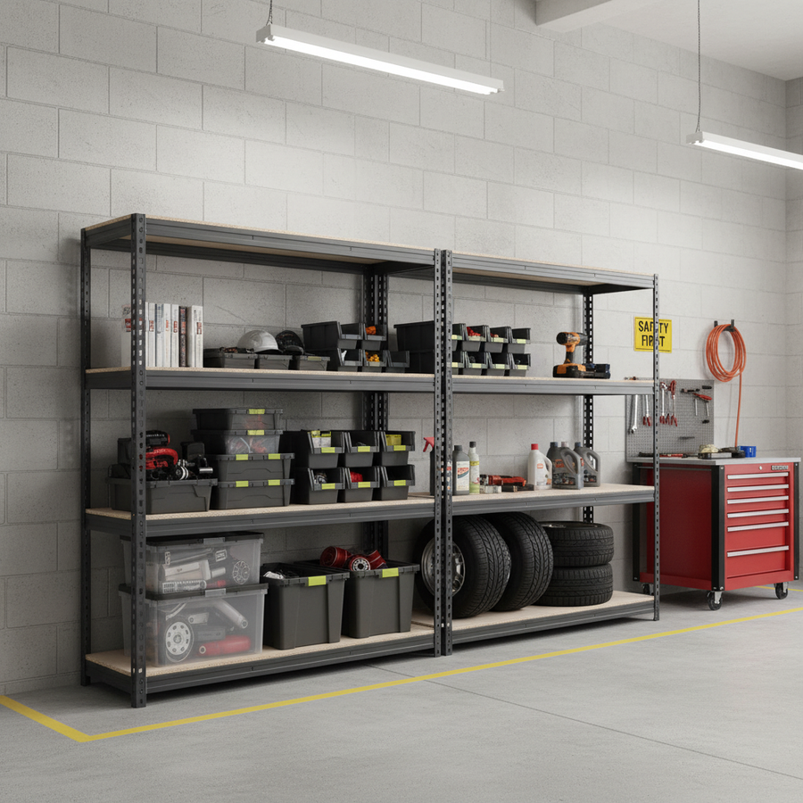 2x Heavy Duty Garage Shelving - 2200mm High - 500kg Load Capacity - Grey - Front view