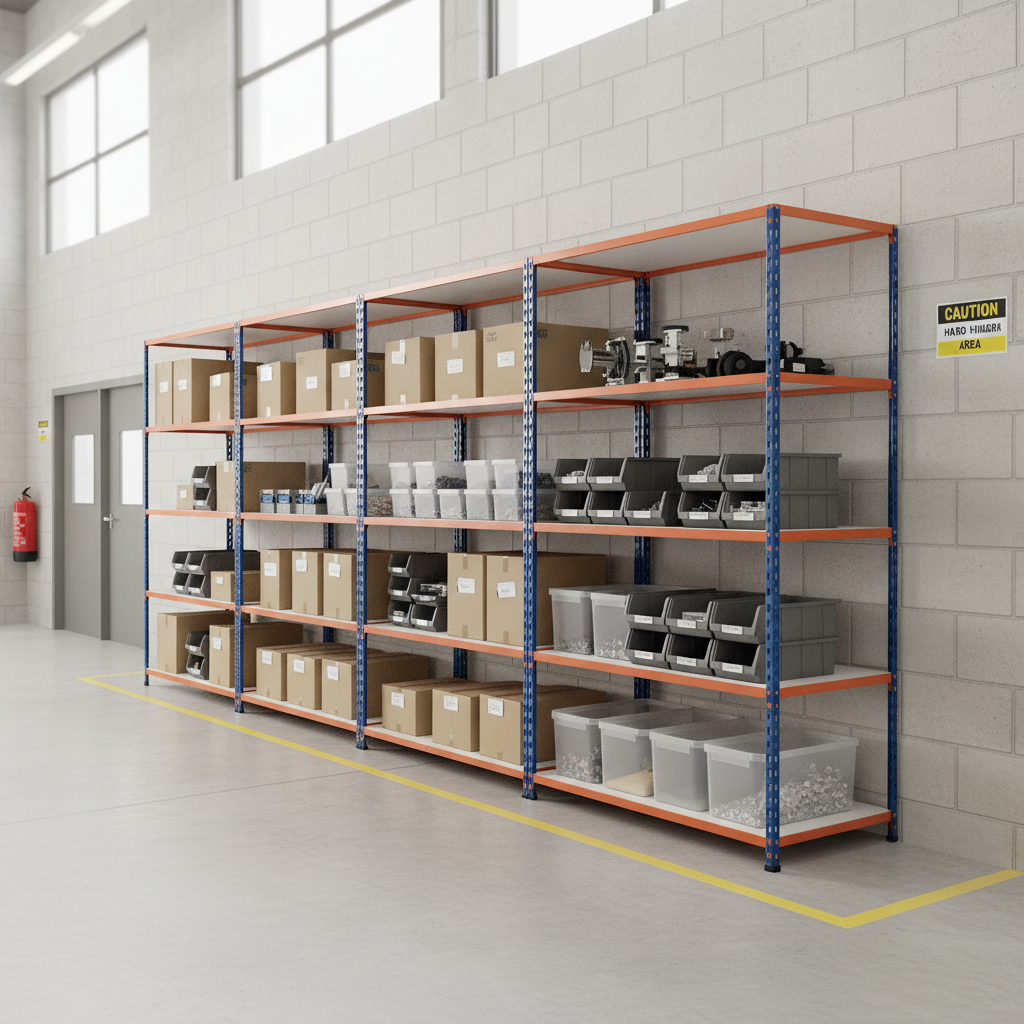 Premium Industrial Shelving - 2440mm High - 200kg Capacity - Melamine - Blue & Orange - Front view