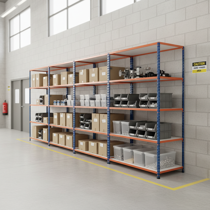 Premium Industrial Shelving - 2440mm High - 200kg Capacity - Melamine - Blue & Orange - Front view