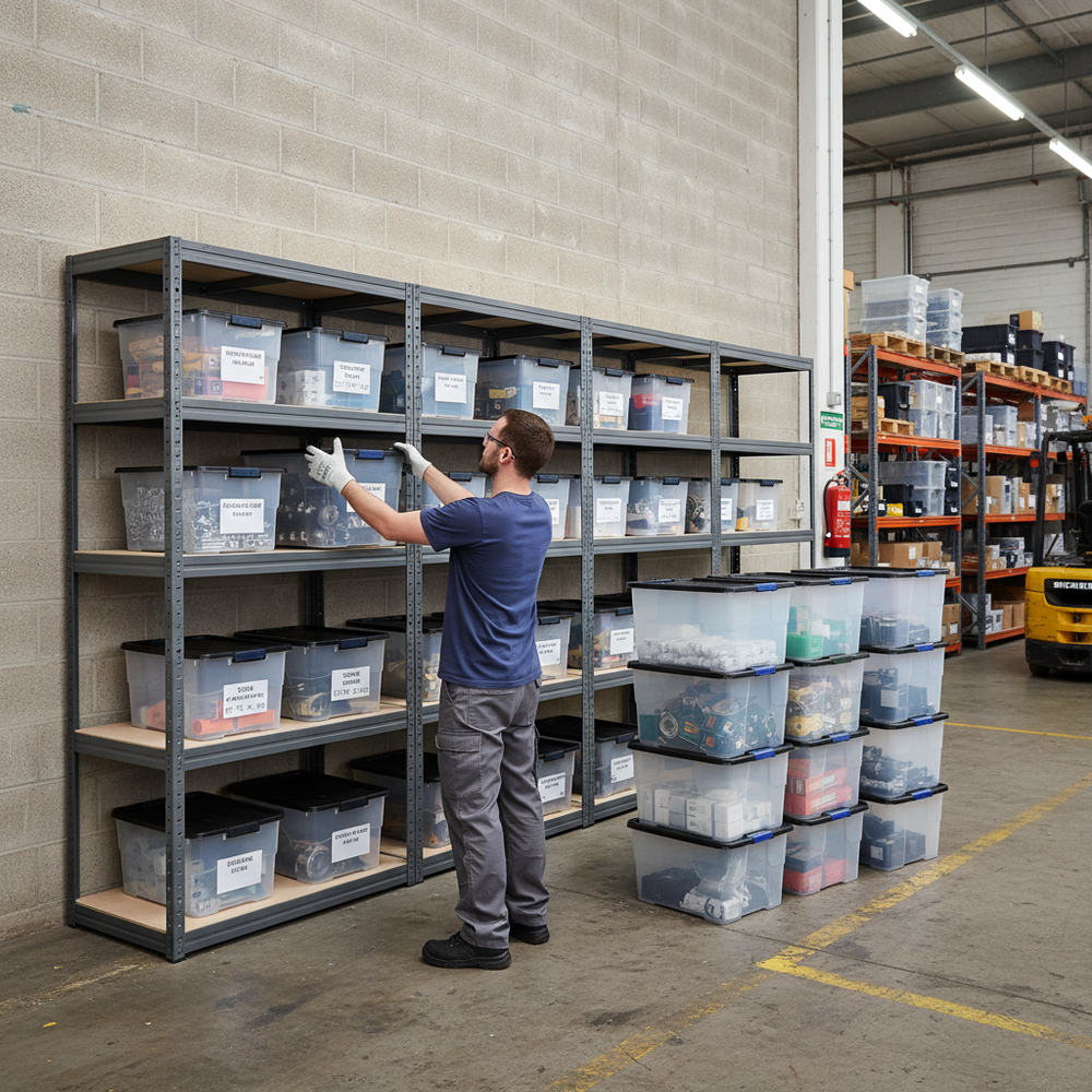 Premium 4x Shelving Units - 1800mm High - Grey with 12x 24L Plastic Storage Boxes - Side view