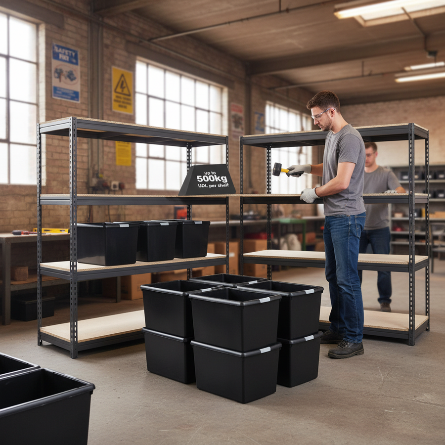 4x Premium Heavy Duty Shelving - 1600mm High - Grey with 12x 37L Plastic Storage Boxes - Front view