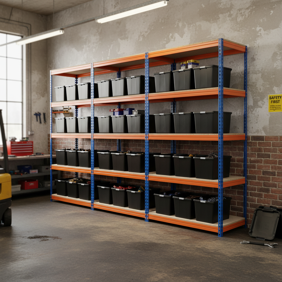 Premium Heavy Duty Shelving - 2000mm High - Blue & Orange with 12x 37L Storage Boxes - Front view