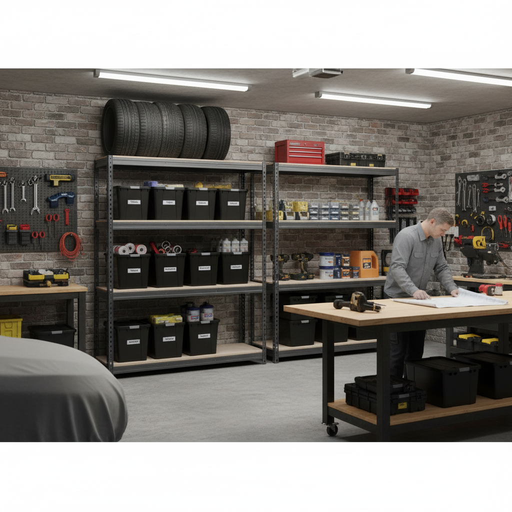 2x Premium Heavy Duty Shelving - 1600mm High - Grey with 8x 37L Plastic Storage Boxes - Side view