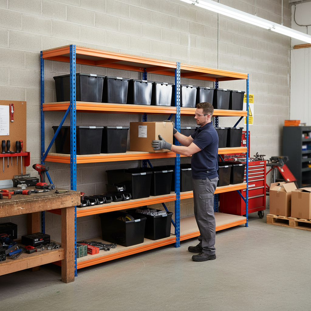 3x Premium Heavy Duty Shelving - 1600mm High - Blue & Orange with 12x 37L Storage Boxes - Front view