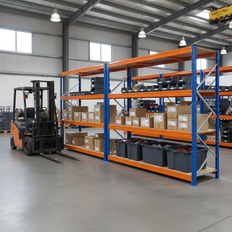 Heavy Duty Industrial Shelving - 1770mm High - 600kg Capacity - Blue & Orange - Front view