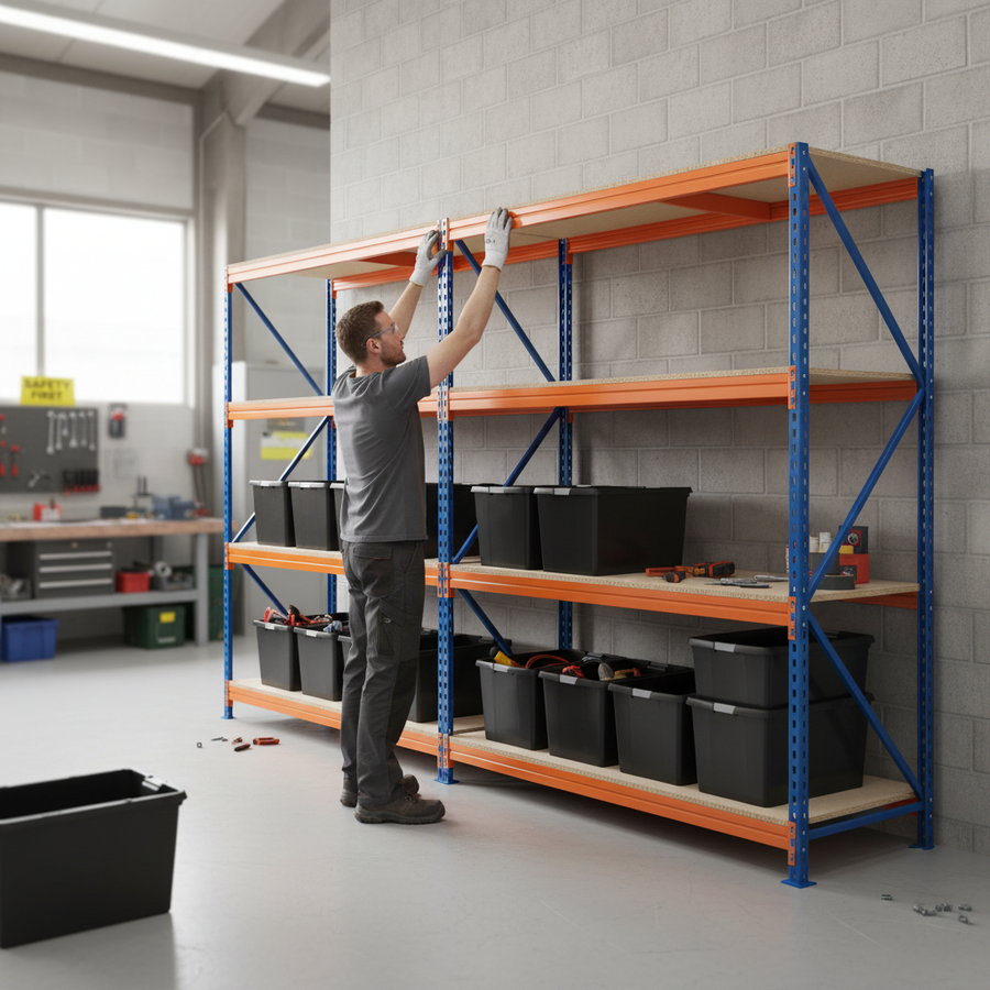 3x Premium Heavy Duty Shelving - 1600mm High - Blue & Orange with 8x 62L Plastic Storage Boxes - Front view