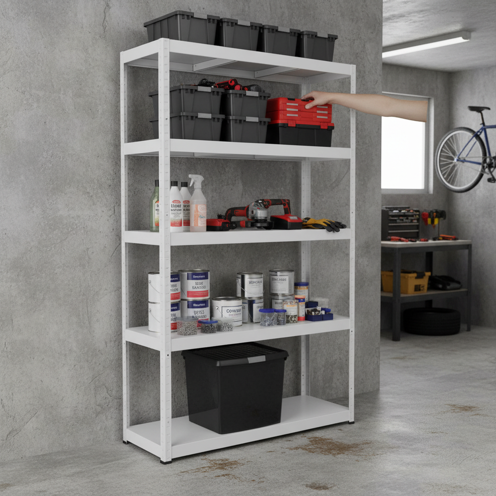 Heavy Duty Metal Garage Shelving - 1800mm High - 90/130kg Capacity - White - Side view