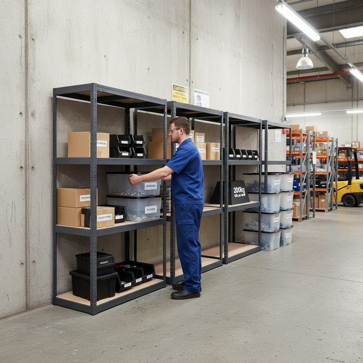 4x Heavy Duty Shelving Units - 1600mm High - Grey with 8x 24L Storage Boxes - Side view