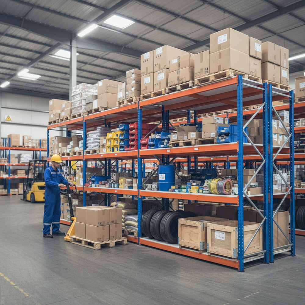 Heavy Duty Industrial Shelving - 2440mm High - 400kg Capacity - Melamine - Blue & Orange - Side view