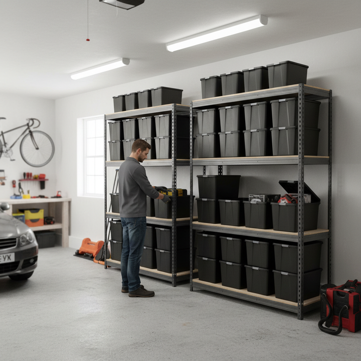 Premium Heavy Duty Shelving with 12x 62L Plastic Storage Boxes - 2000mm High - Side view