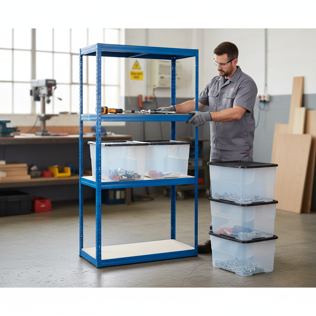 Heavy Duty Shelving Unit with 8x 24L Plastic Storage Boxes - 1600mm High - Front view