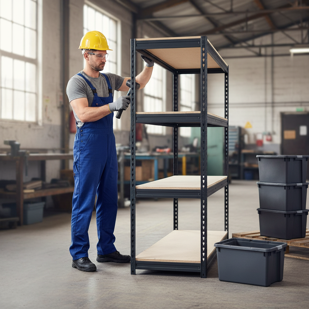 Premium Heavy Duty Shelving - 1600mm High - Grey with 8x 37L Plastic Storage Boxes - Front view