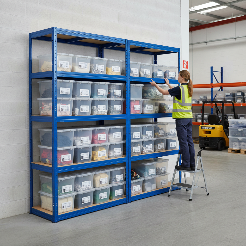 Premium 2x Shelving Unit - 1800mm High - Blue with 12x 60L Plastic Storage Boxes - Side view