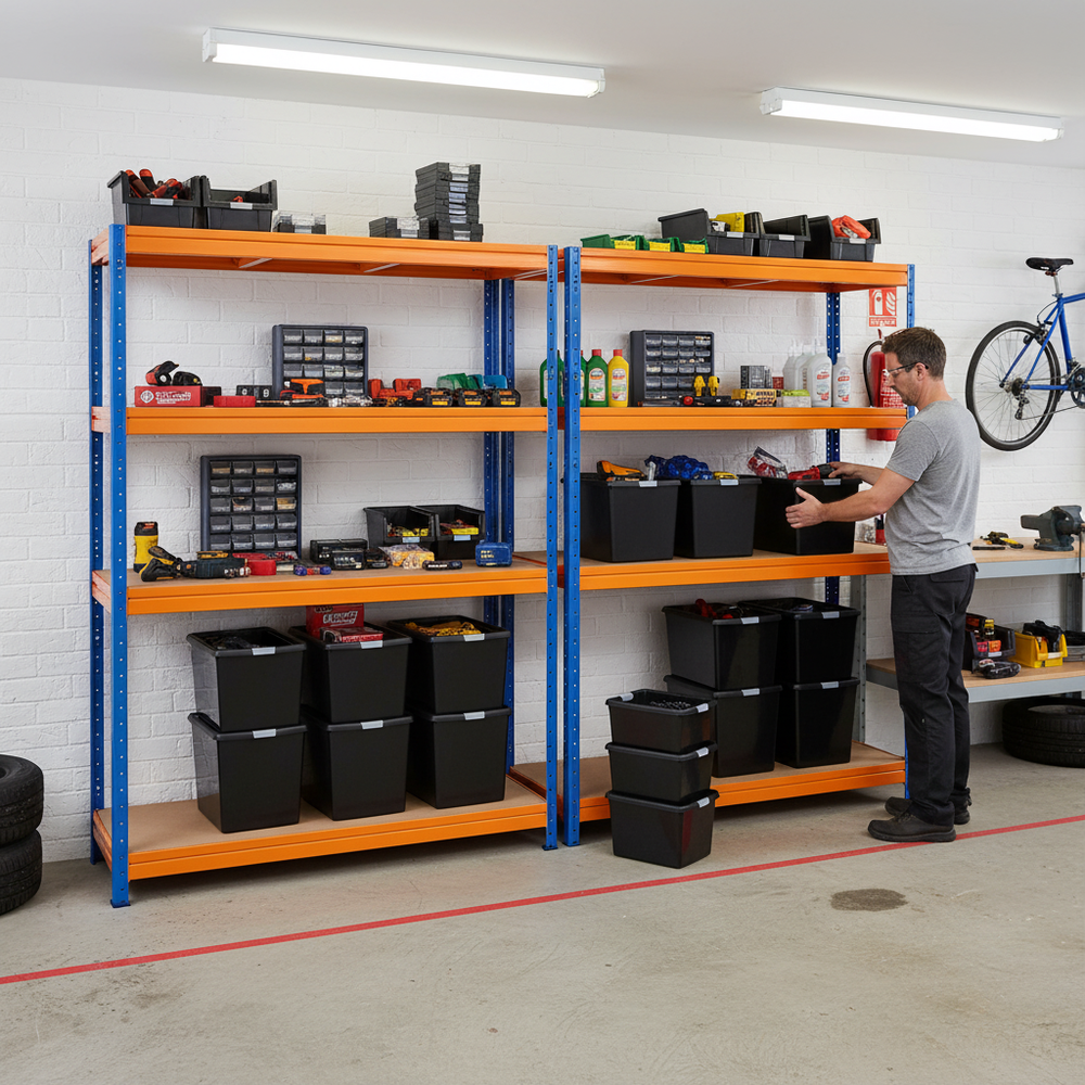 2x Premium Heavy Duty Shelving - 1770mm High - Blue & Orange with 12x 37L Plastic Storage Boxes - Side view