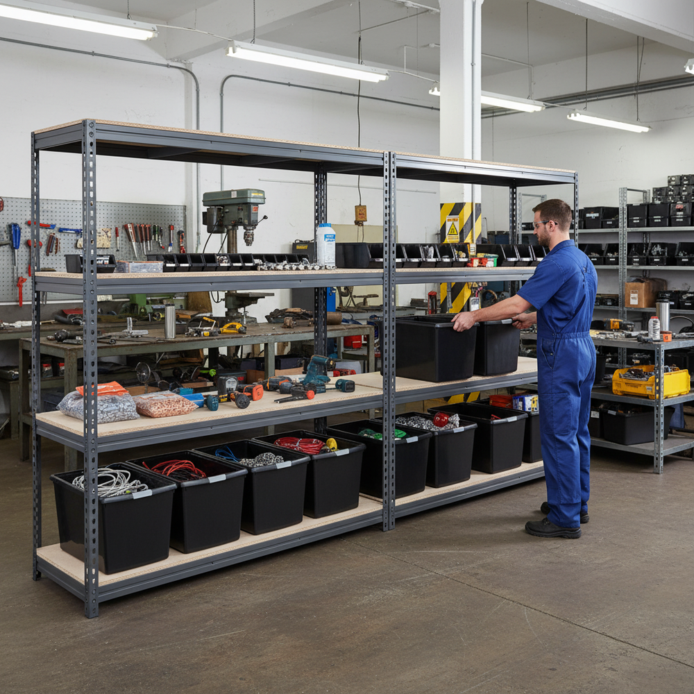 Heavy Duty Shelving with 12x 62L Storage Boxes - 1600mm High - Grey - Side view